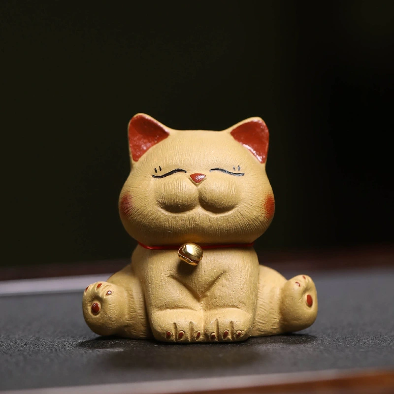 Handmade original purple clay Maneki - Neko ornaments for attracting wealth.