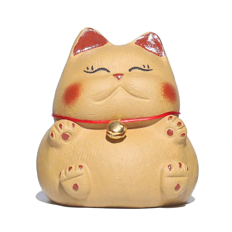 Handmade original purple clay Maneki - Neko ornaments for attracting wealth.