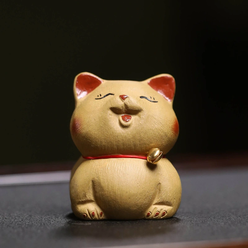 Handmade original purple clay Maneki - Neko ornaments for attracting wealth.