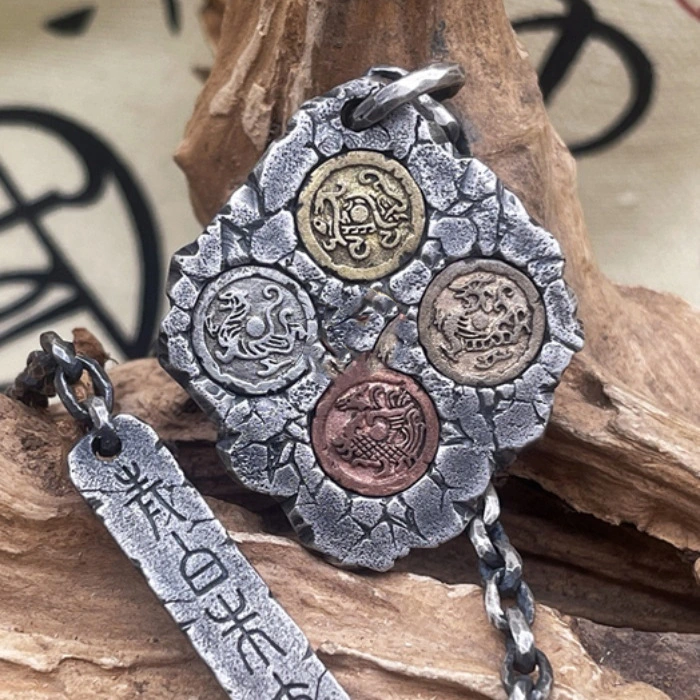 Pure copper silver plated old Zhuque Xuanwu Qinglong White Tiger Taiji gossip four Holy Beast pendant necklace pendant accessories