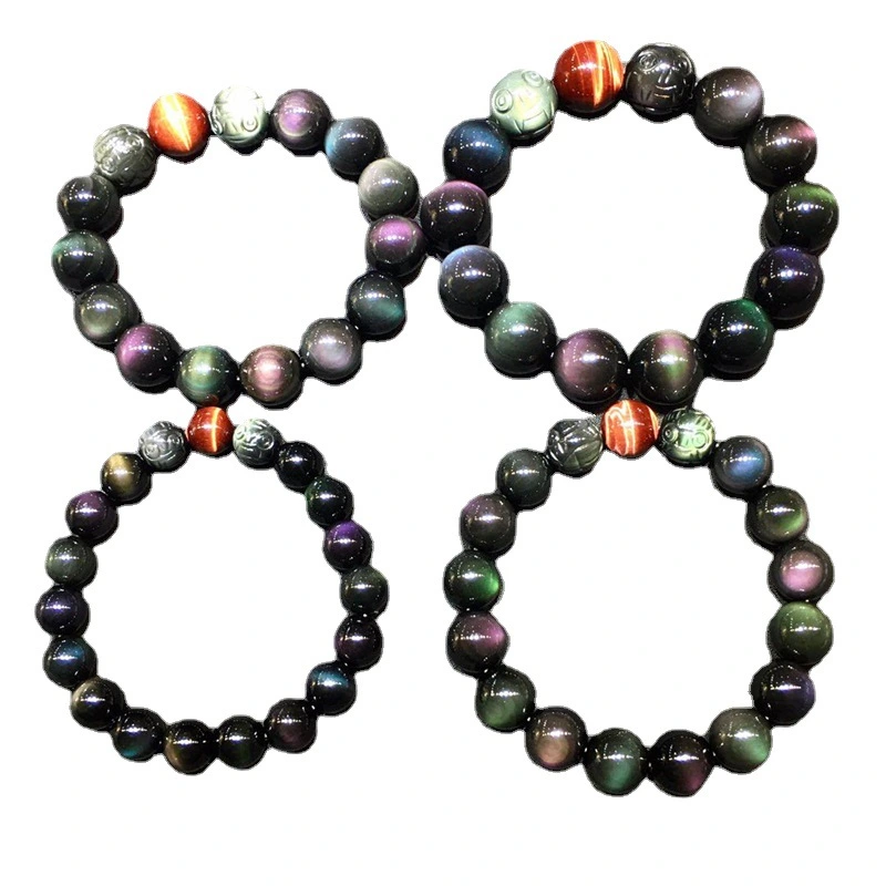 The natural obsidian, rainbow-colored cat's eye, and pixiu crystal bead bracelet have the implications of attracting wealth and treasures, enhancing fortune, promoting interpersonal relationships and safeguarding health.