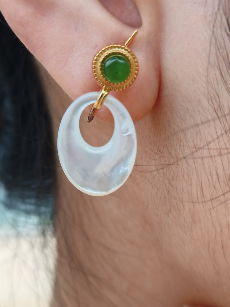 Hetian Jade with White Fritillary Vintage Earrings