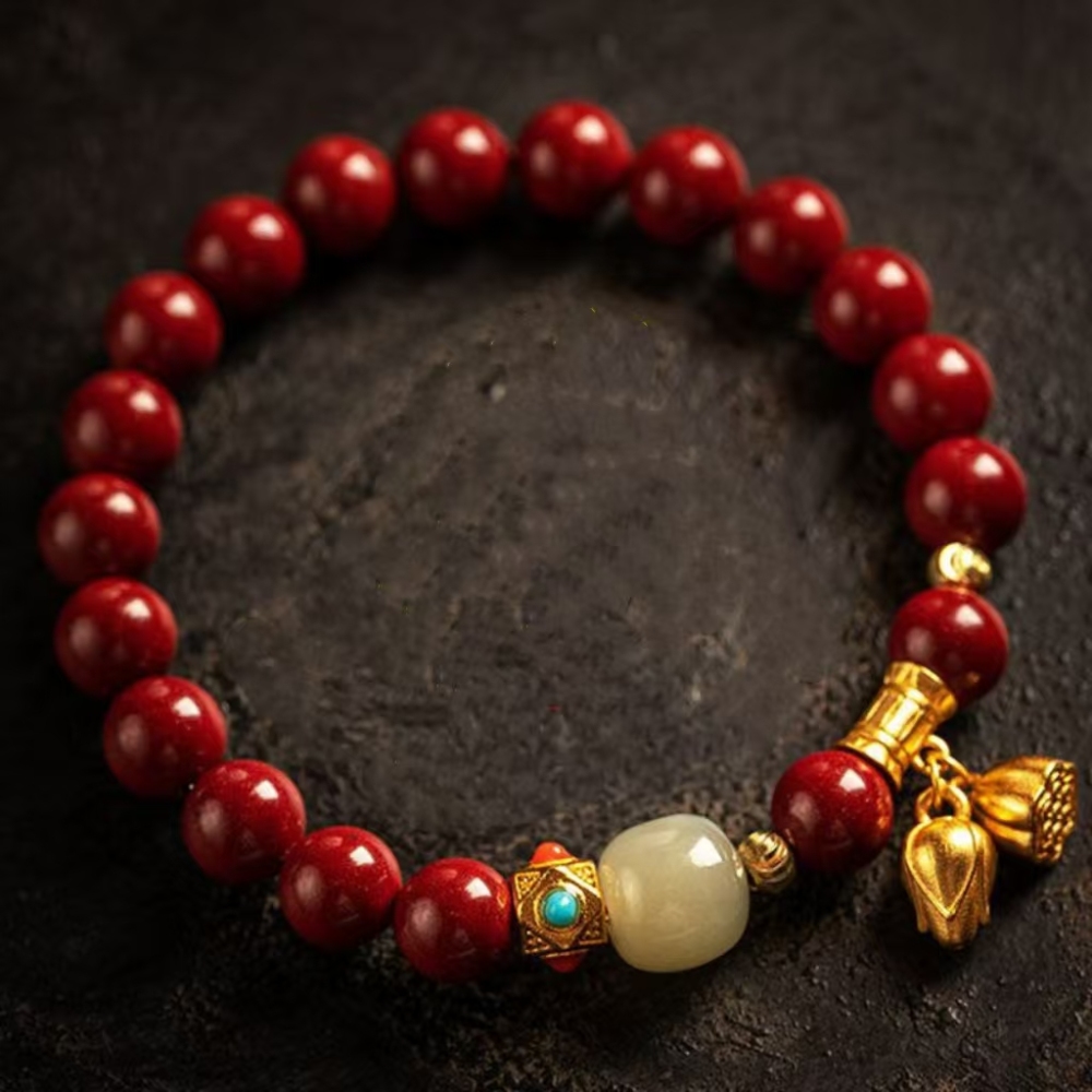 Red Jade and Green Aventurine Bracelet with Gold Charms