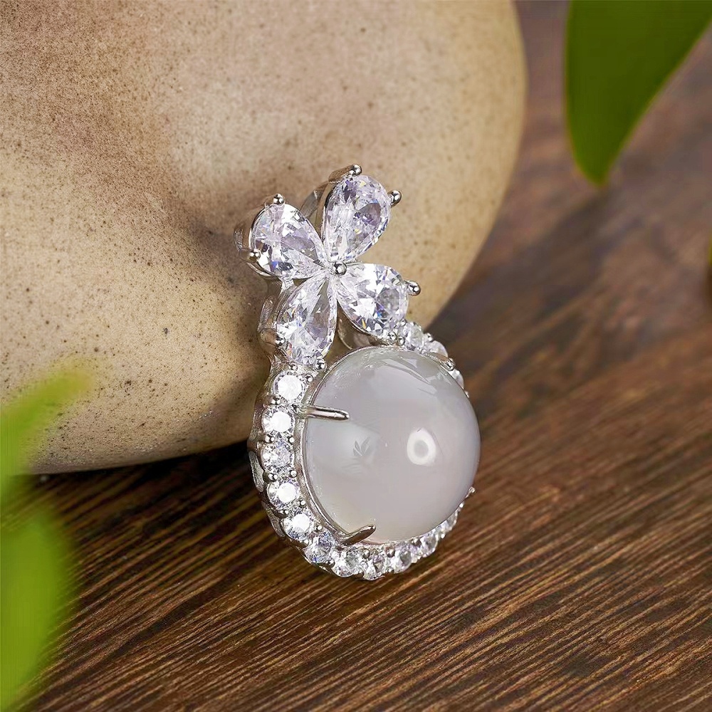 White Chalcedony Round Cabochon Pendant