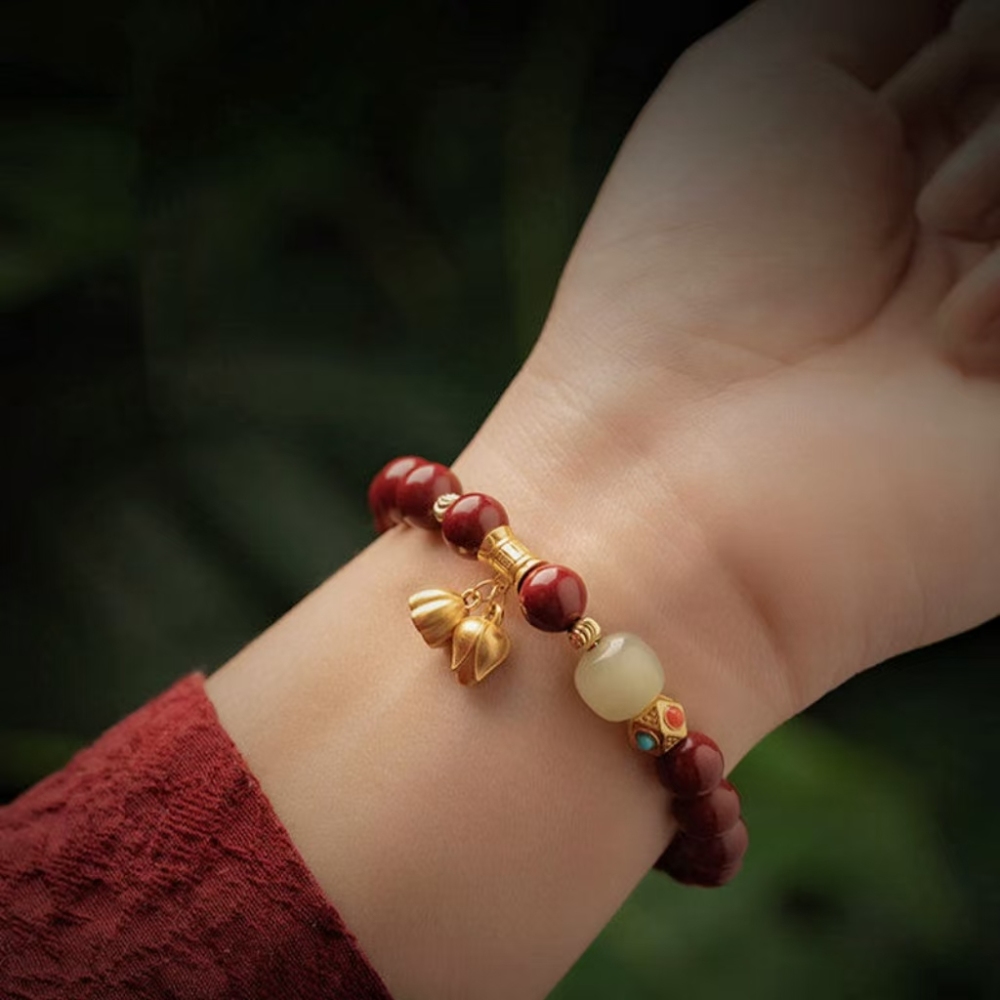 Red Jade and Green Aventurine Bracelet with Gold Charms