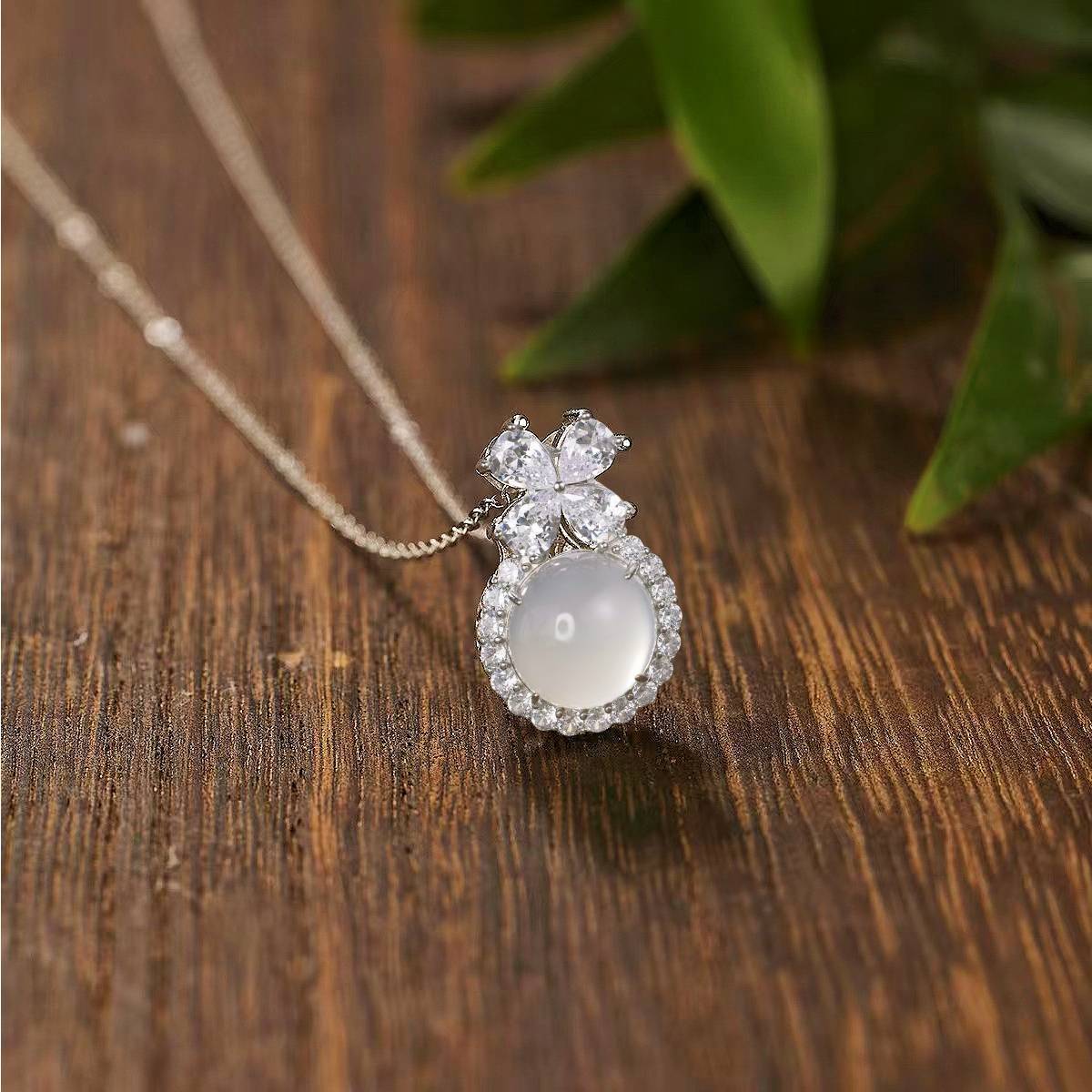 White Chalcedony Round Cabochon Pendant
