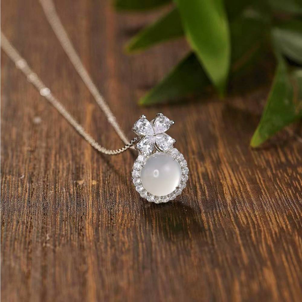 White Chalcedony Round Cabochon Pendant