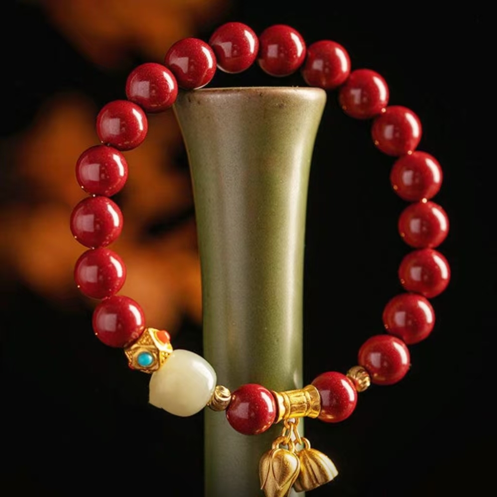 Red Jade and Green Aventurine Bracelet with Gold Charms