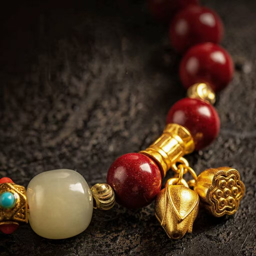 Red Jade and Green Aventurine Bracelet with Gold Charms