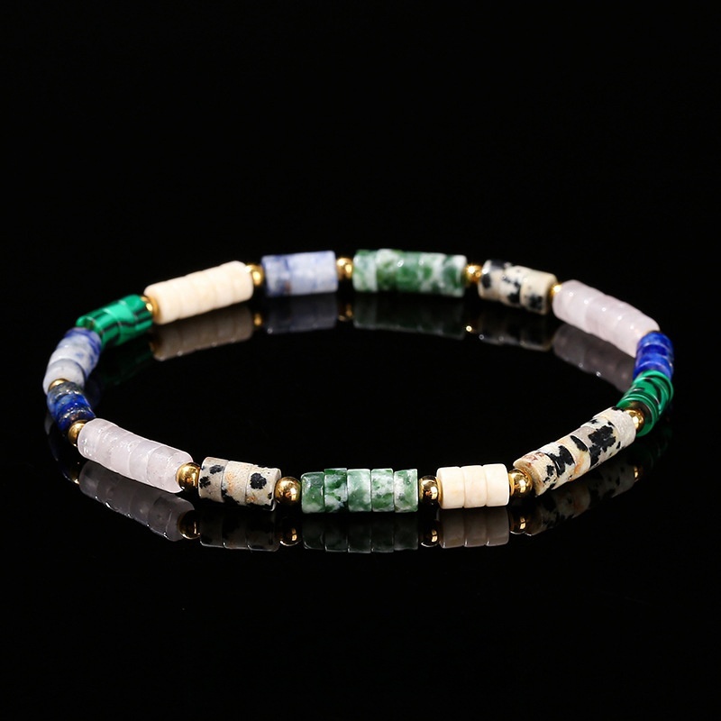 7色天然石圆片珠不锈钢手链