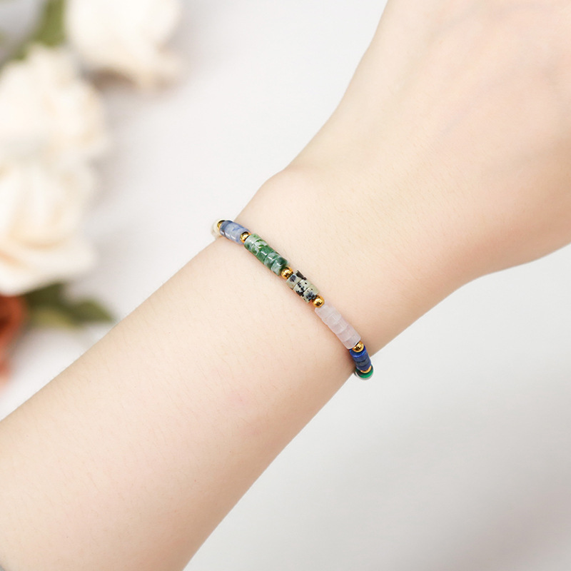 7色天然石圆片珠不锈钢手链