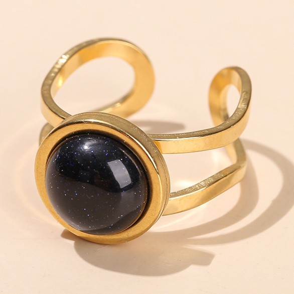 水晶玛瑙圆形开口金色钛钢戒指