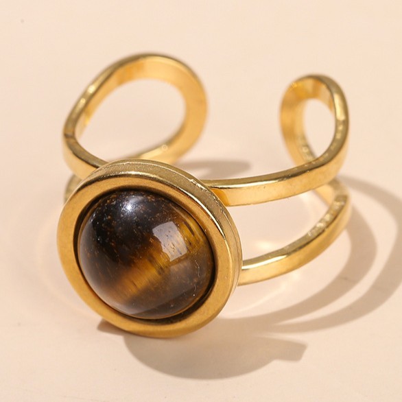 水晶玛瑙圆形开口金色钛钢戒指