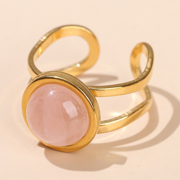 水晶玛瑙圆形开口金色钛钢戒指