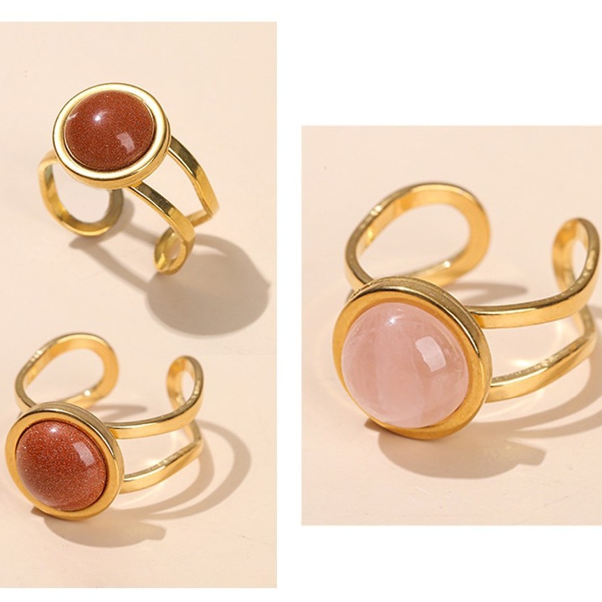 水晶玛瑙圆形开口金色钛钢戒指