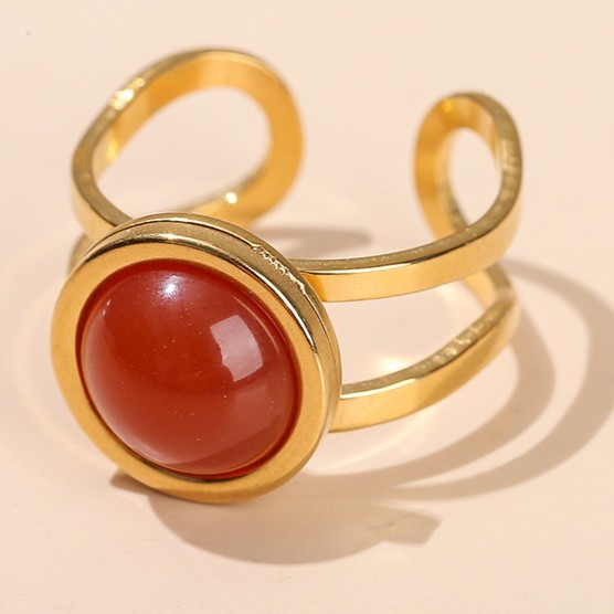 水晶玛瑙圆形开口金色钛钢戒指