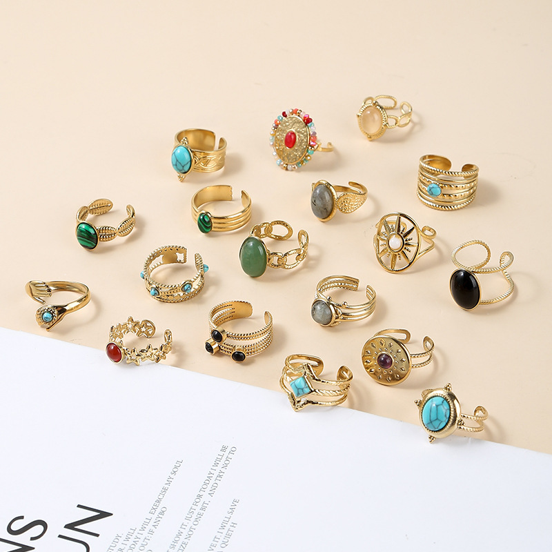 不锈钢镀金开口戒指水晶玉石镶嵌