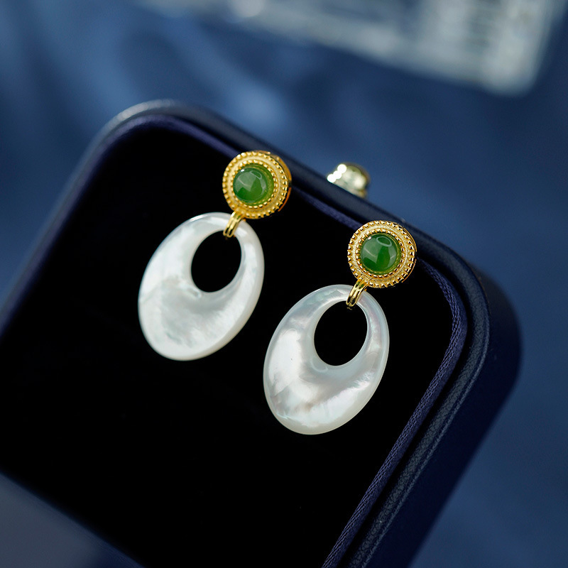 Hetian Jade with White Fritillary Vintage Earrings