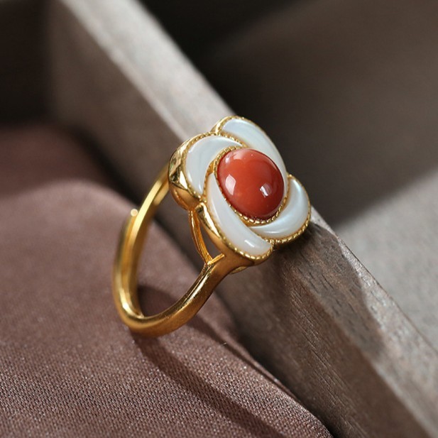 S925纯银镀金白贝母戒指耳钉