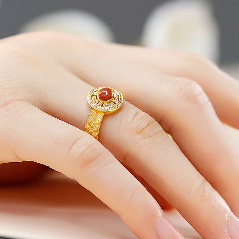 s925纯银蛋面南红玛瑙镶嵌锆石活口戒指