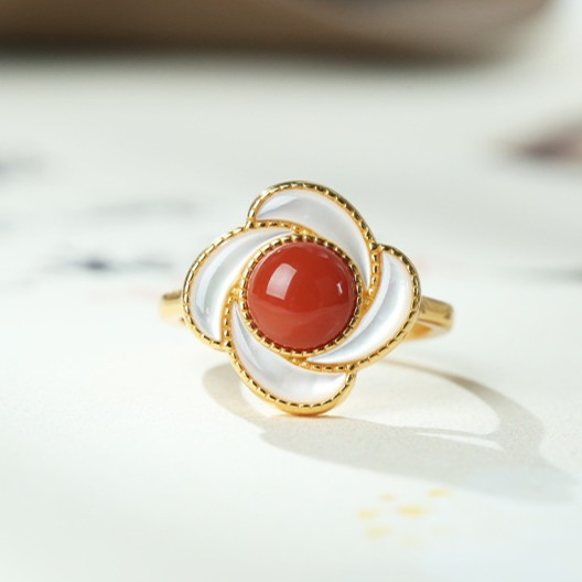 S925纯银镀金白贝母戒指耳钉