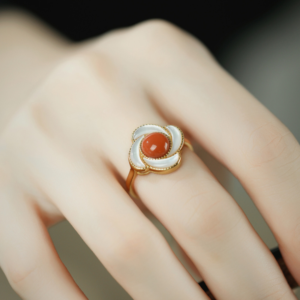 S925纯银镀金白贝母戒指耳钉