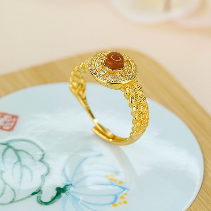 s925纯银蛋面南红玛瑙镶嵌锆石活口戒指