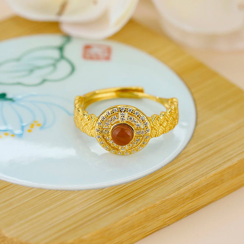 s925纯银蛋面南红玛瑙镶嵌锆石活口戒指