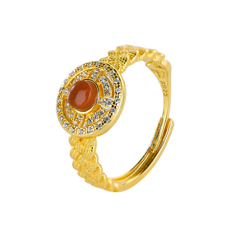 s925纯银蛋面南红玛瑙镶嵌锆石活口戒指