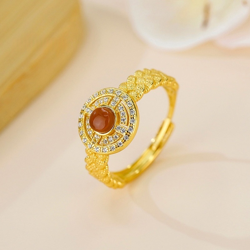 s925纯银蛋面南红玛瑙镶嵌锆石活口戒指