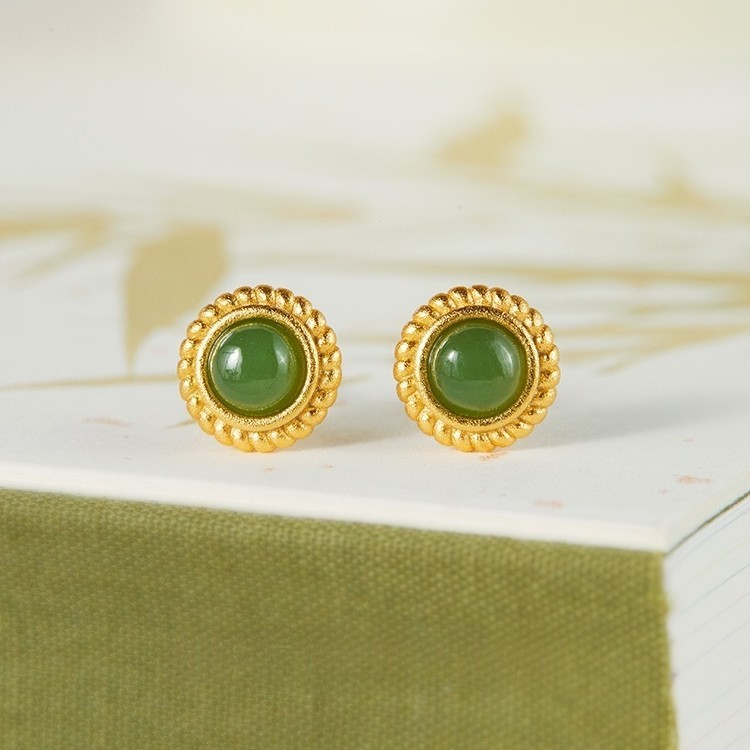 天然和田玉碧玉蛋面耳钉女S925纯银