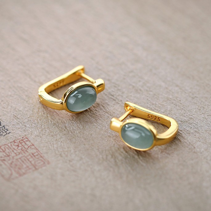 925纯银天然A货蓝水翡翠蛋面耳环