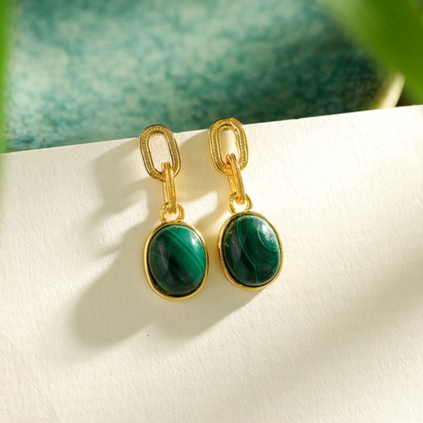 S925纯银镀金镶孔雀石蛋面耳坠