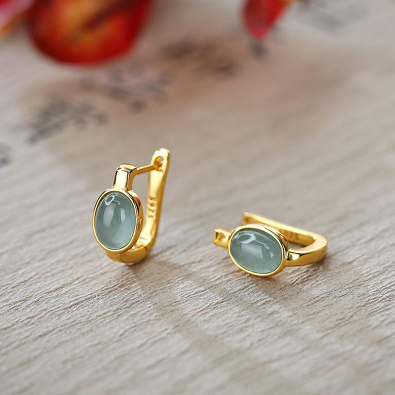 925纯银天然A货蓝水翡翠蛋面耳环