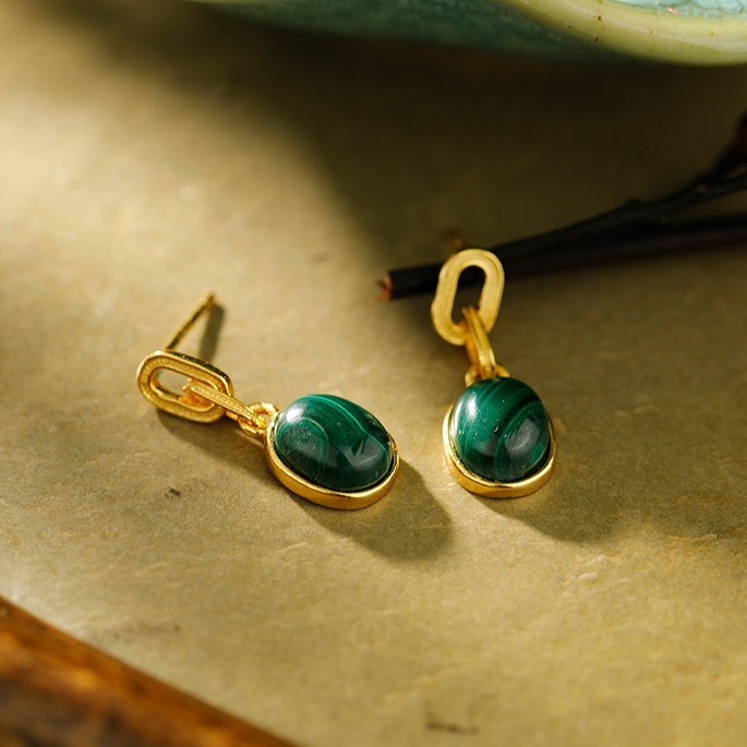 S925纯银镀金镶孔雀石蛋面耳坠