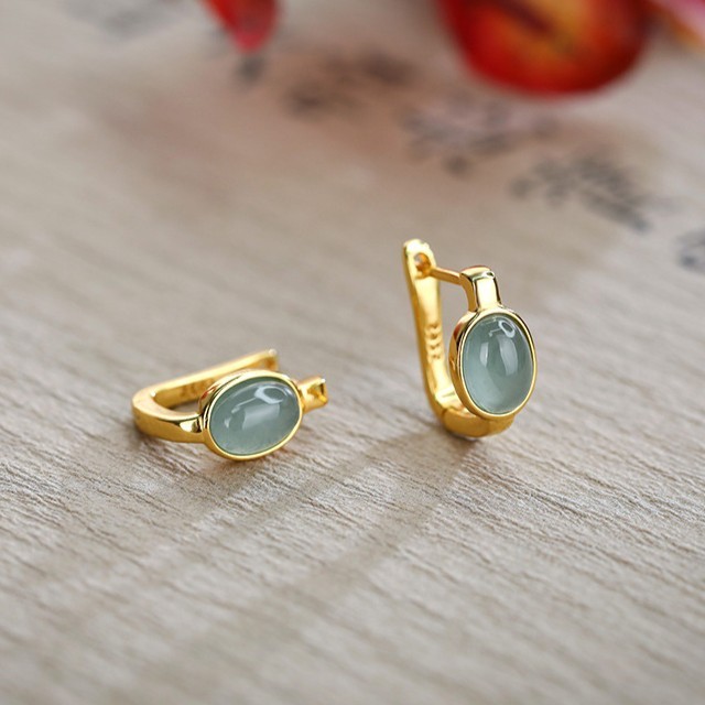 925纯银天然A货蓝水翡翠蛋面耳环