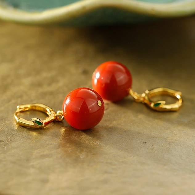 纯银耳扣天然南红玛瑙耳坠