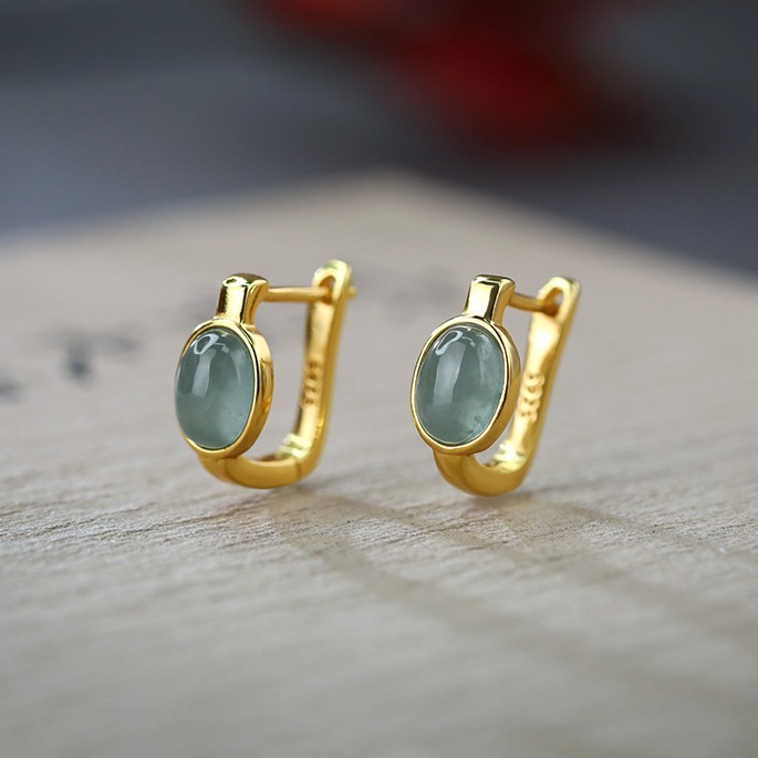 925纯银天然A货蓝水翡翠蛋面耳环