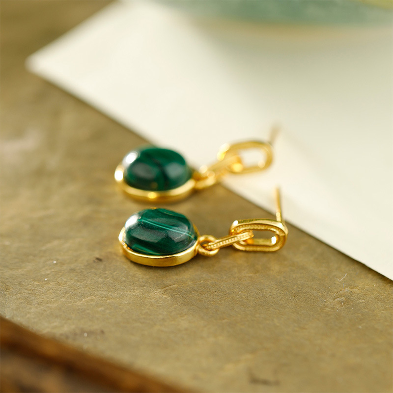 S925纯银镀金镶孔雀石蛋面耳坠