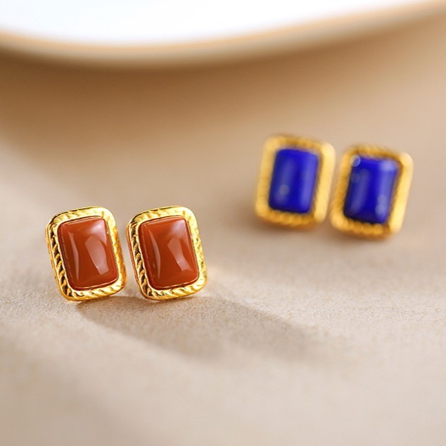 耳钉925纯银镶嵌青金石南红玛瑙