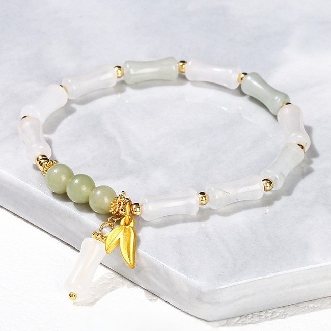 Natural Jade "Bamboo Joint" Bracelet with Metal Bamboo Leaf Accents
