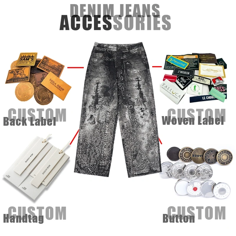 HEZ Last designer brand style cool transfer 3D digital printed trompe l'oeil denim pants baggy cargo wide leg jeans for men