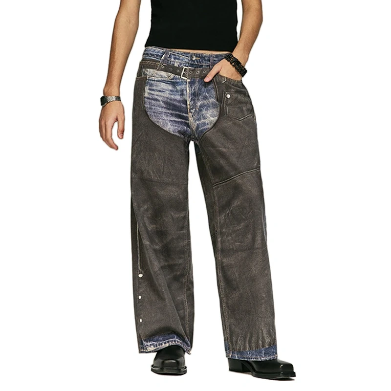 HEZ OEM&ODM wholesale cool transfer trompe l'oeil graphic digital printed denim jeans loose baggy denim wide leg jeans men