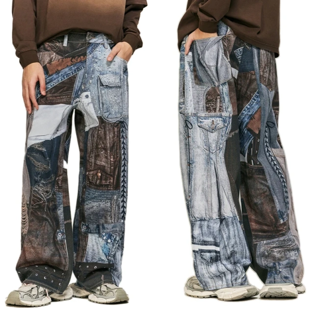HEZ Custom Digital Print Patchwork Baggy Wide Leg Denim Jeans