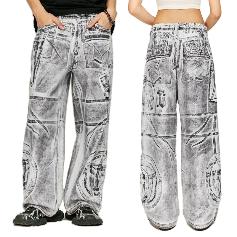 HEZ Custom Graffiti Digital Print Baggy Denim Jeans Wide Leg Pants