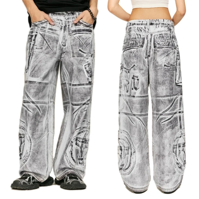HEZ Custom Graffiti Digital Print Baggy Denim Jeans Wide Leg Pants