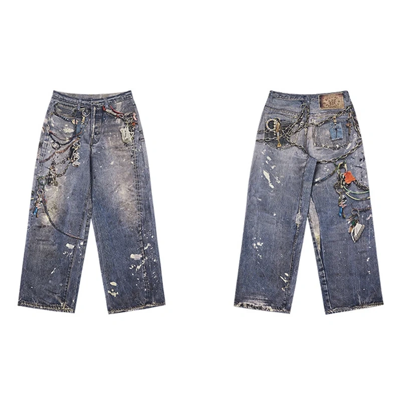 HEZ Custom designer baggy wide leg denim pants cool transfer digital 3D full printed keychain trompe l'oeil denim jeans