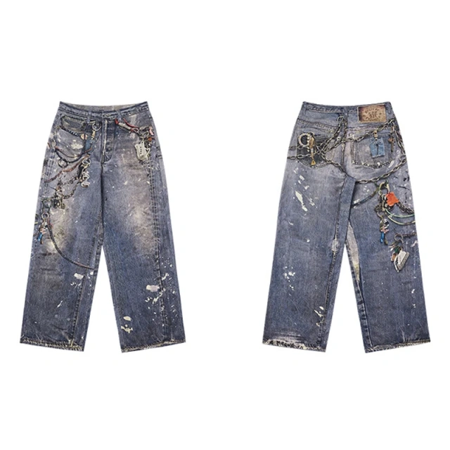 HEZ Custom designer baggy wide leg denim pants cool transfer digital 3D full printed keychain trompe l'oeil denim jeans