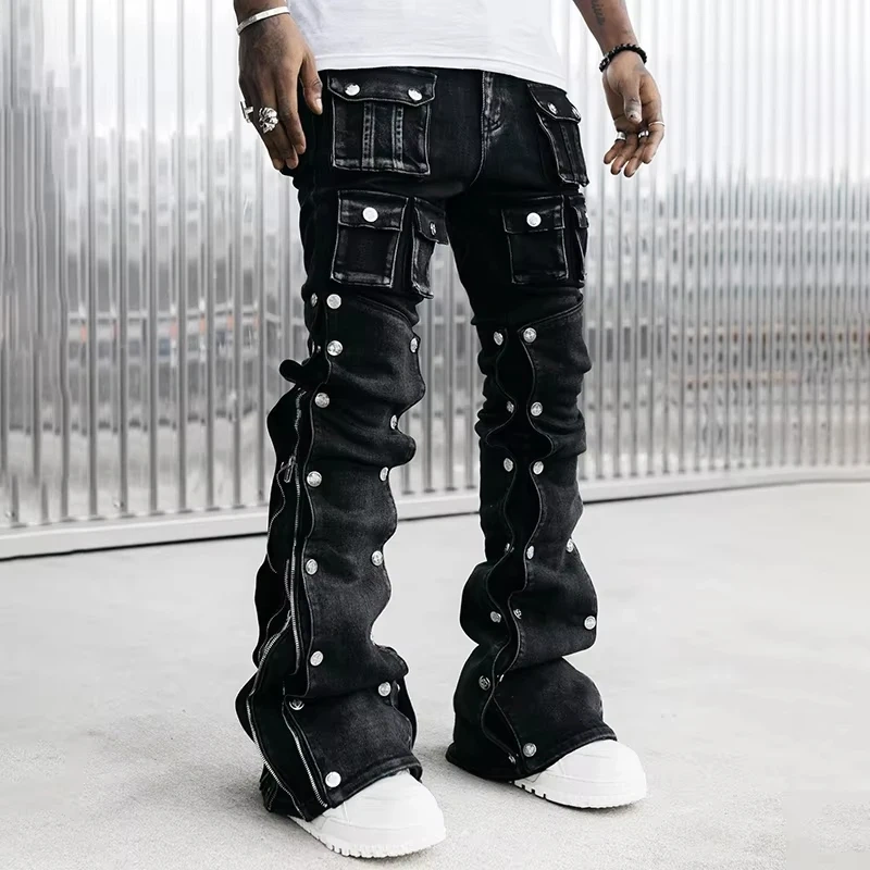 HEZ Custom Low MOQ Men’s Vintage Distressed Stacked Denim Flare Jeans