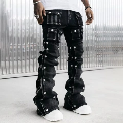 HEZ Custom Low MOQ Men’s Vintage Distressed Stacked Denim Flare Jeans